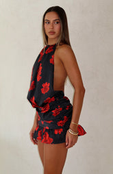 No Second Thoughts Halter Mini Dress Black Scarlet Bloom