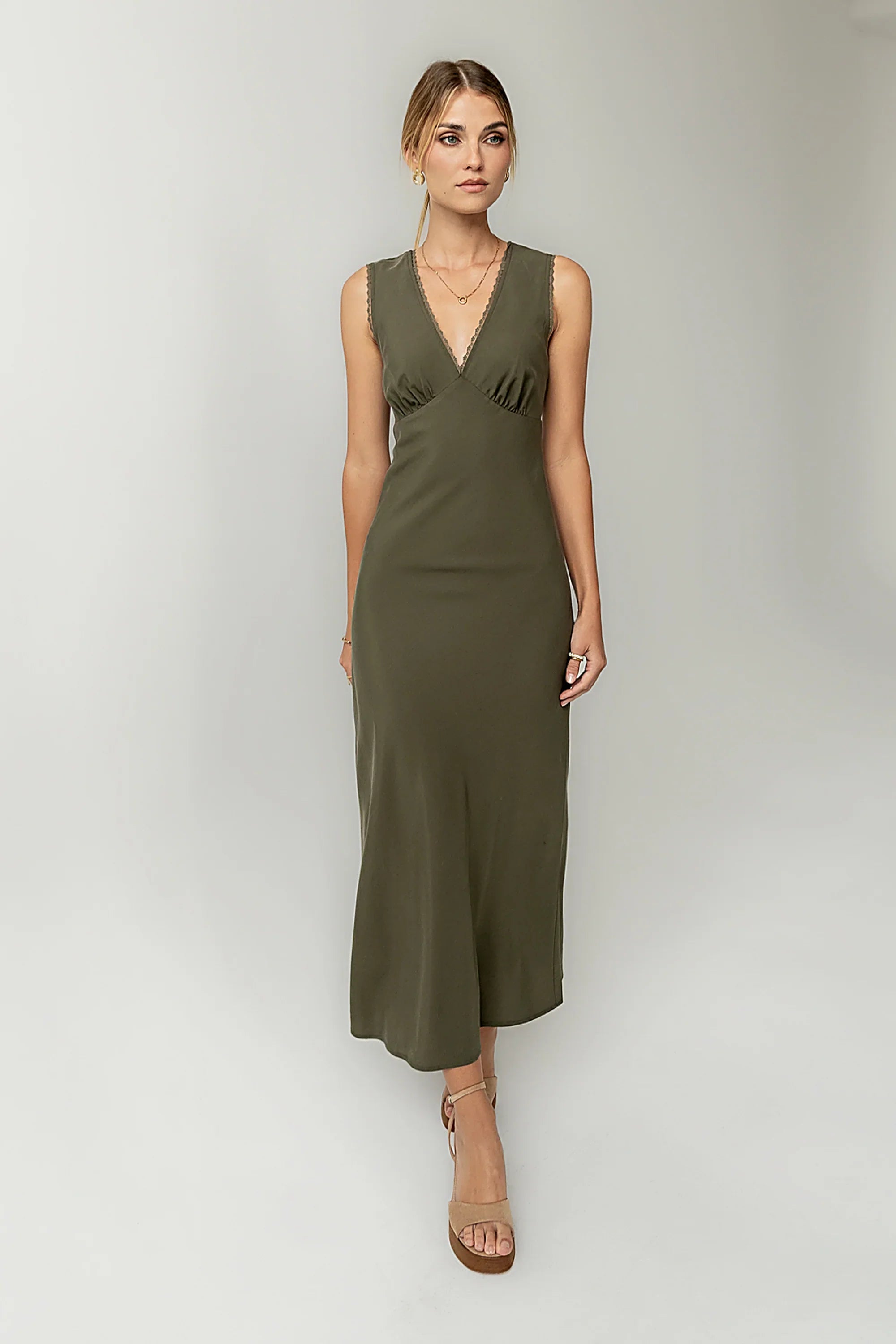 Hailey Lace Trim Maxi Dress in Olive