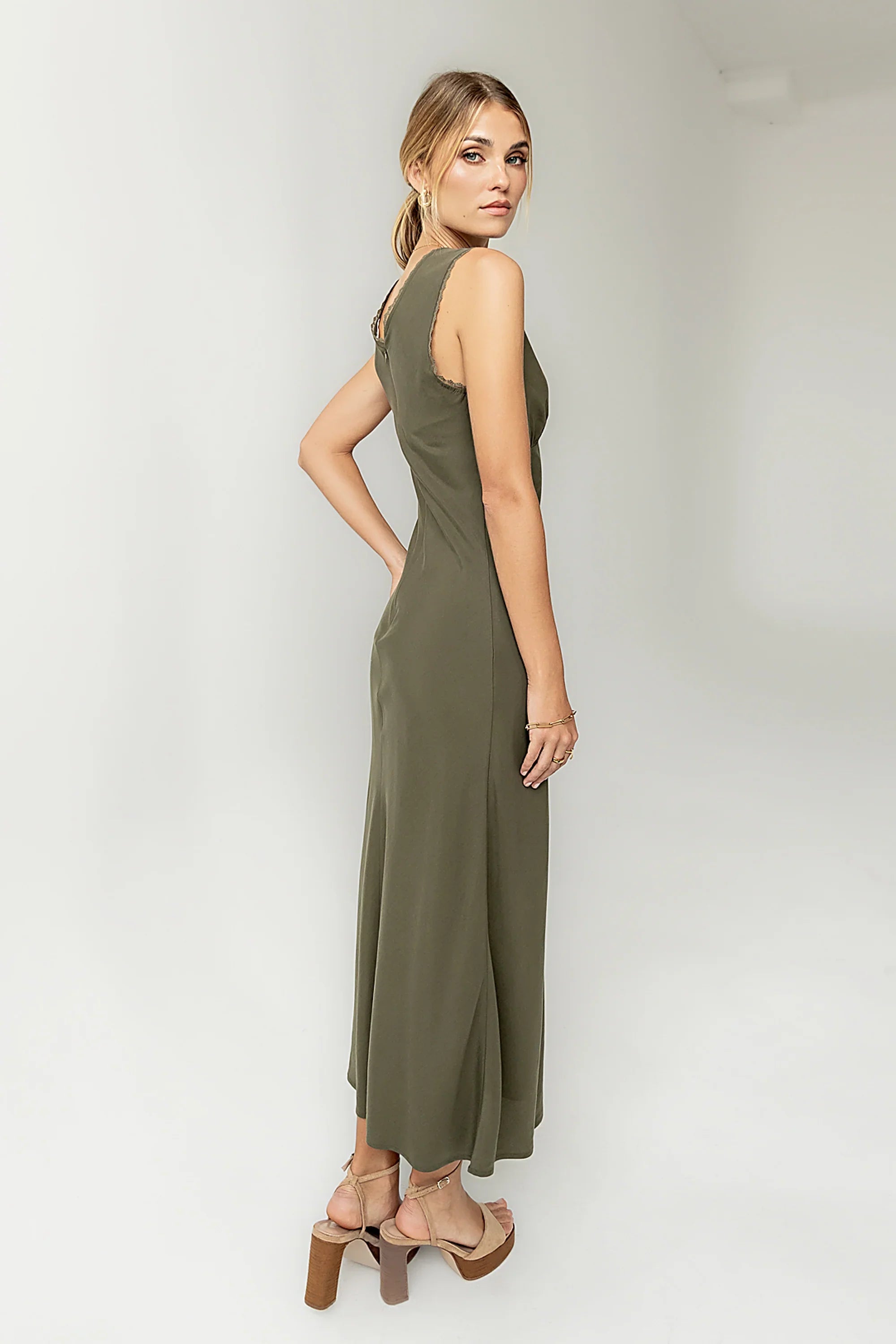 Hailey Lace Trim Maxi Dress in Olive